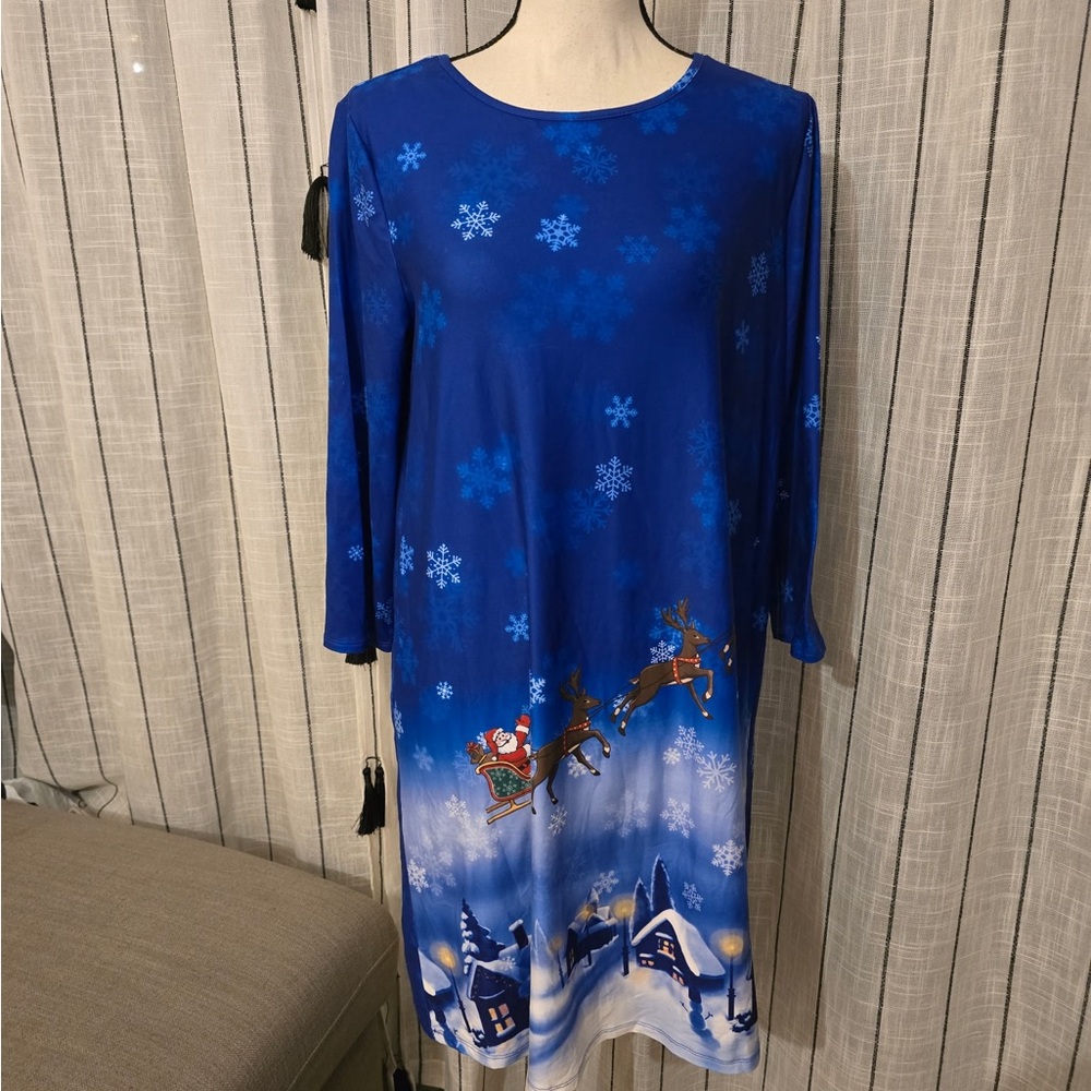 Festive Blue Long Sleeve Dress with Snowflakes